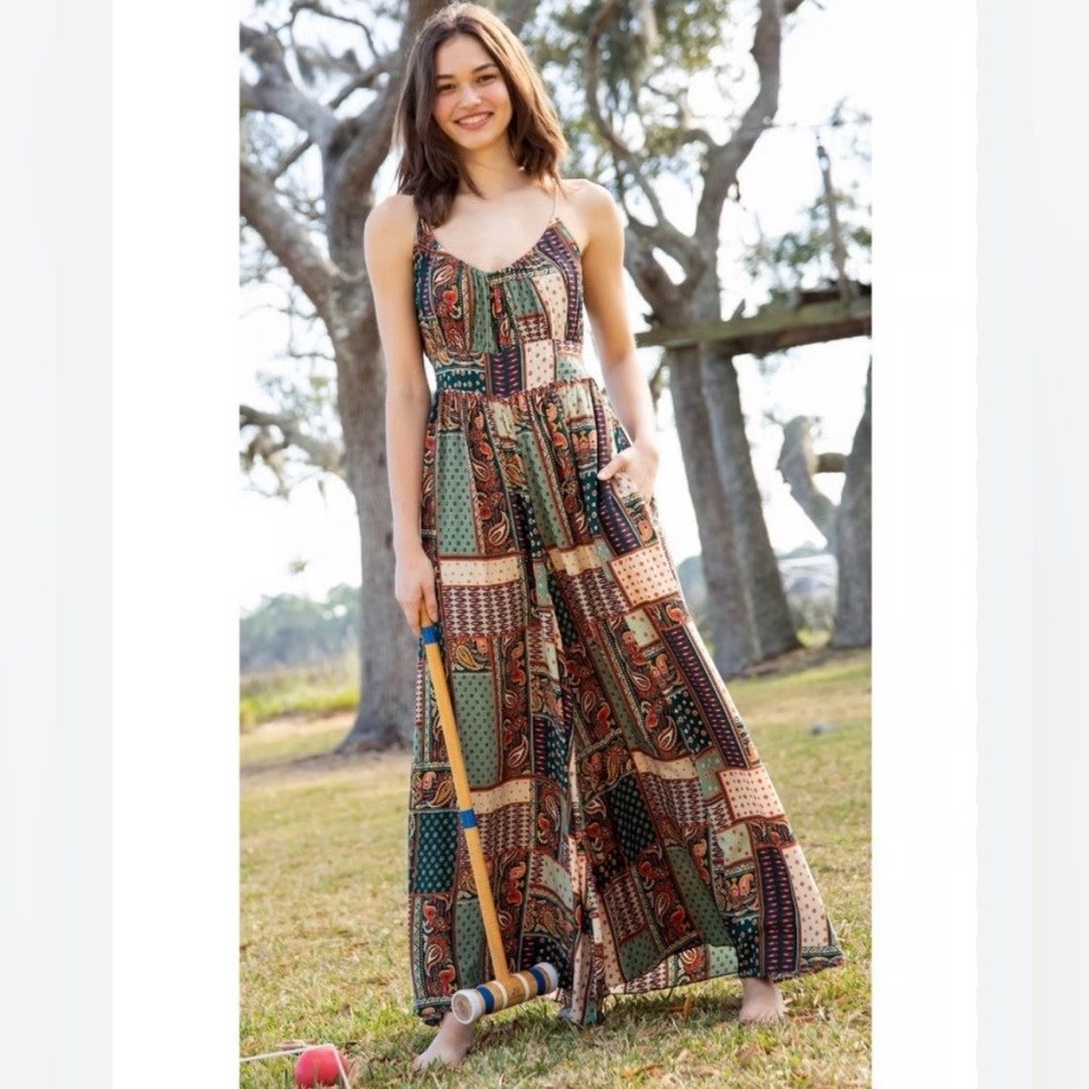 NATURAL LIFE Multicolor Patchwork Maxi Jumpsuit with Green and Brown Tones